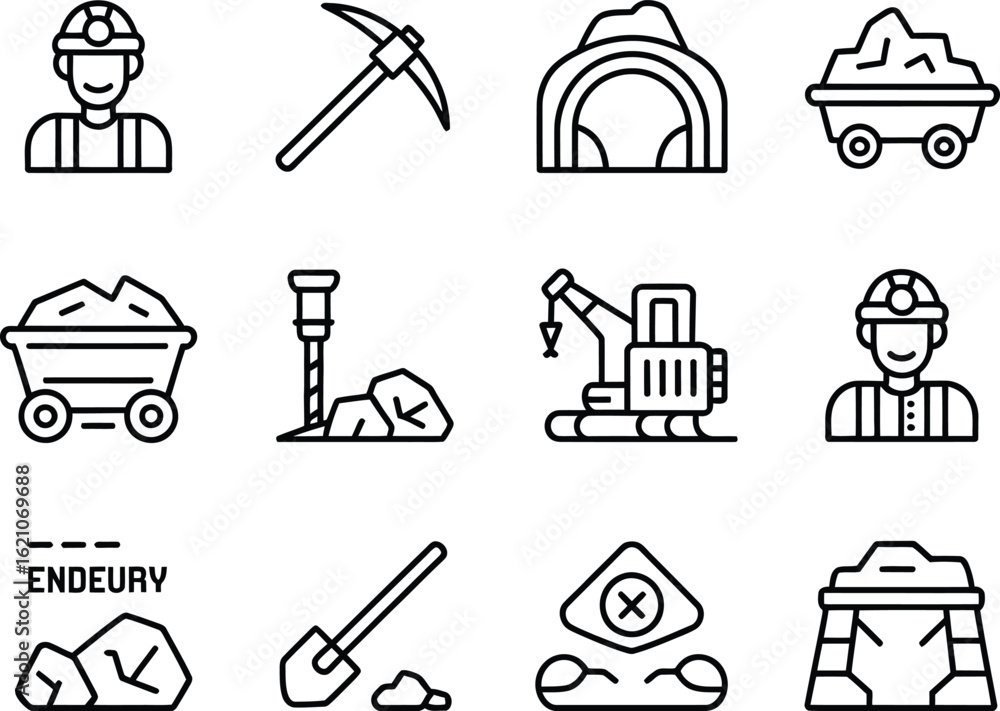 Fototapeta premium Collection of mining industry icons and illustrations in a clean outline style
