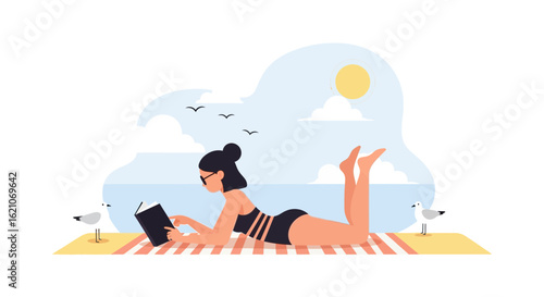 Relaxing beach scene with woman reading book while sunbathing on vacation