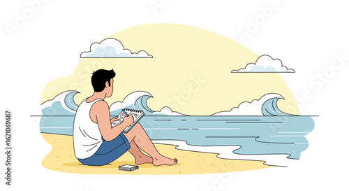 Relaxing Coastal Scene Of Man Sketching By The Ocean On A Sunny Day