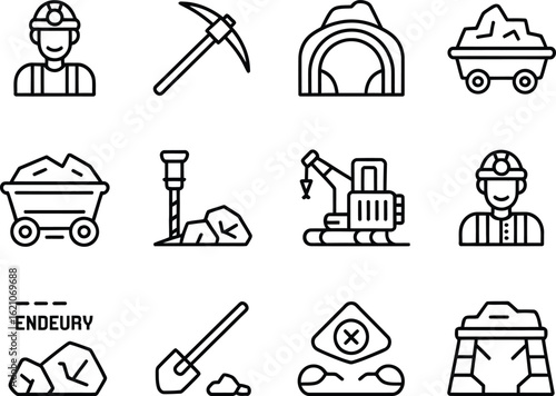 Collection of mining industry icons and illustrations in a clean outline style