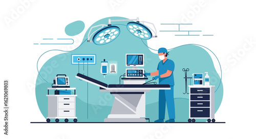 Operating Room Scene With Surgeon And Equipment Preparing For Intervention