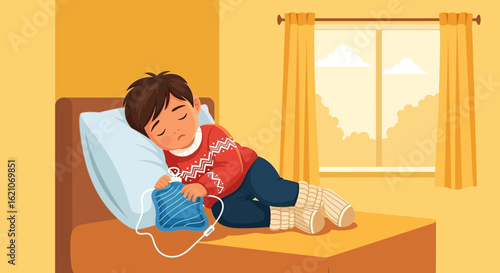 Sick Child Sleeping Peacefully With Hot Water Bottle On Sunny Day