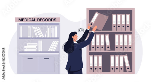 Organization Of Medical Information Woman Retrieving File From Shelf