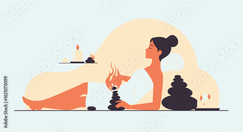 Relaxing Moment In Spa With Hot Stones And Candles For Wellness