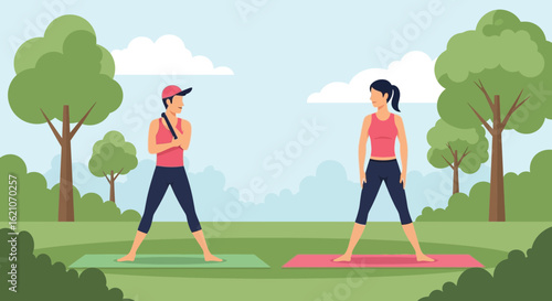 Outdoor Fitness Class In Park Vector Illustration For Healthy Lifestyle