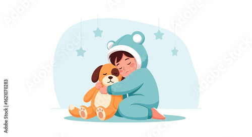 Sleeping Child Comforting His Dog In Pajamas During Bedtime Sweet Dreams