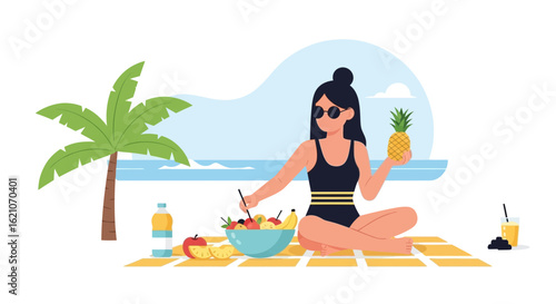 Relaxing Tropical Beach Getaway With Woman Enjoying Fruits And Sunny Weather