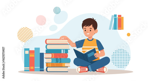Smiling Boy Enjoys Reading Books Stacked in a Colorful Educational Setting