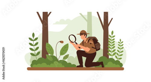 Park ranger examining flora with a magnifying glass in nature cartoon illustration
