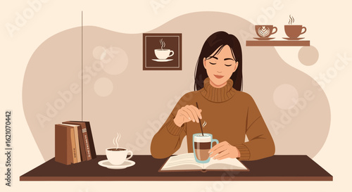Relaxing Woman Enjoying Coffee And Reading A Book In Cozy Atmosphere