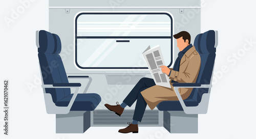 Passenger Reads Newspaper In Train Carriage Traveling Commuting Daily Life