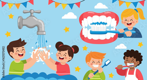 Smiling Children Practicing Good Hygiene Washing Hands And Brushing Teeth Routinely