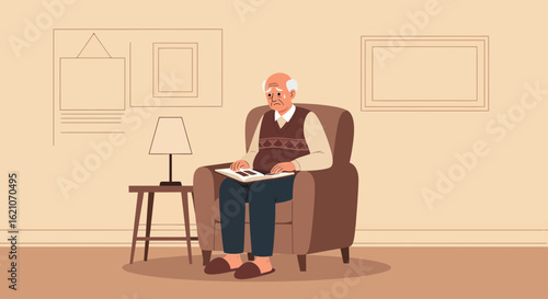 Reminiscing Senior Citizen Reading Book Memories At Home Alone Upset