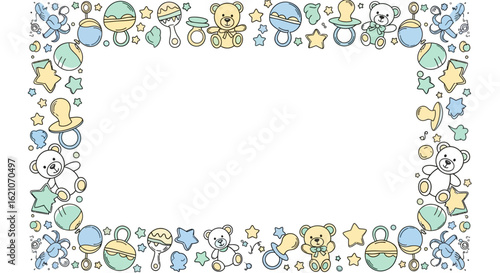 Cute Baby Shower Frame with Teddy Bears, Rattles, and Pacifiers - Invitation Template Design