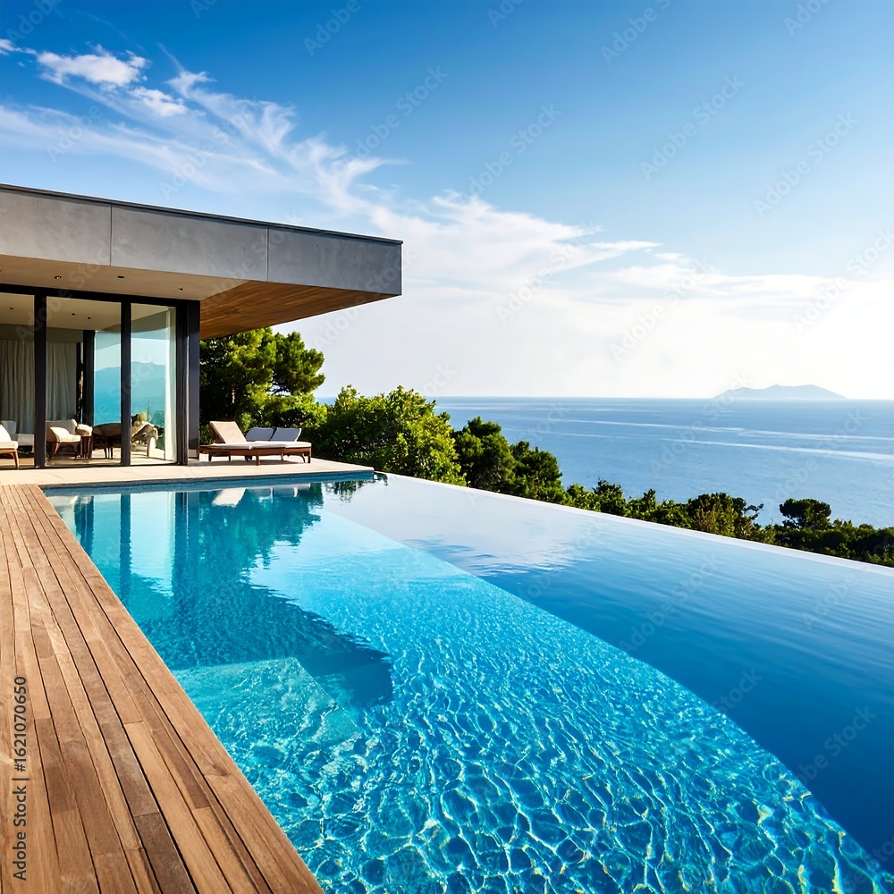 Fototapeta premium Modern luxury home with infinity pool overlooking ocean