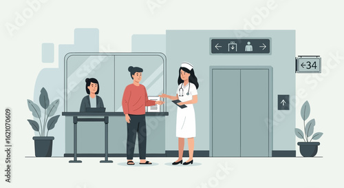 Patient Receives Instructions From a Nurse in a Hospital Waiting Area