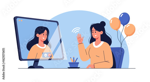 Smiling Woman Enjoying Virtual Gathering with Balloons and Decorations