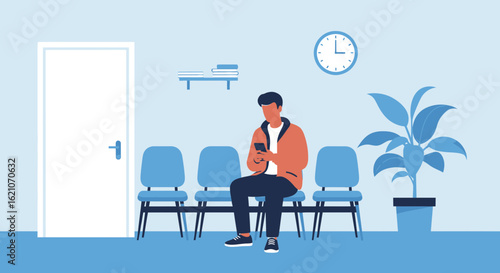 Patiently Waiting Man Engaging with Smartphone in Blue Toned Waiting Room