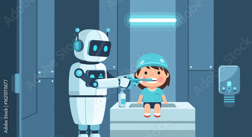 Robotic Assistance A Caring Robot Helps A Child With Daily Hygiene Tasks