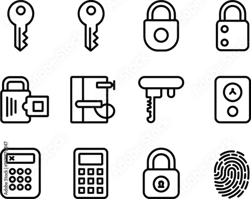 Collection of security and access icons including keys locks keypad and fingerprint
