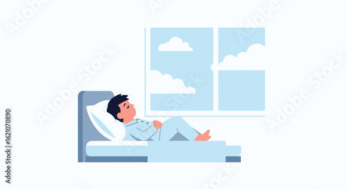 Peaceful Morning Dream Man Asleep in Bed by the Window Illustration