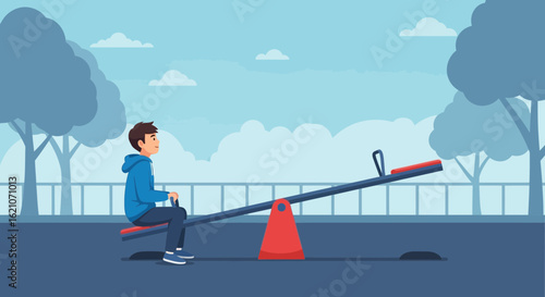 Solo Balance Boy Relaxing on Seesaw at the Park in a Sunny Day