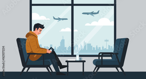 Sorrowful Traveler Waiting Flight Delayed Alone In Airport Terminal