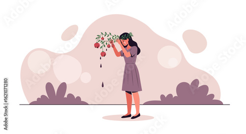 Sorrowful Woman Tears Flowers Apart Symbolizing Painful Loss or Grief