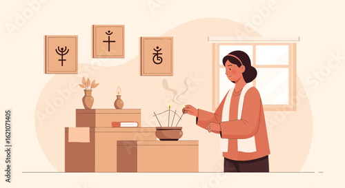 Spiritual Rituals Woman Lights Incense Sticks In Minimalist Home Interior Illustration