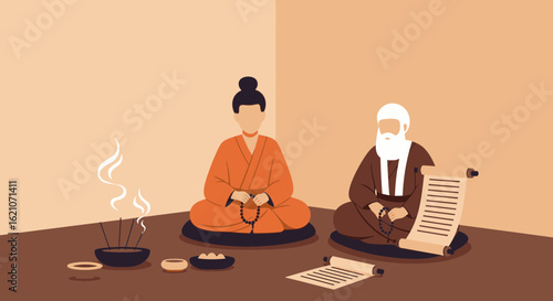 Spiritual Enlightenment Meditation Illustration Presenting Ancient Wisdom And Peaceful Rituals