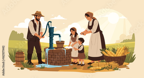 Rural Family Pumping Water From Well During Harvest Time Depicting Simple Life