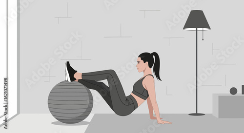 Sporty Woman Exercising With Fitness Ball At Home In Minimalistic Setting