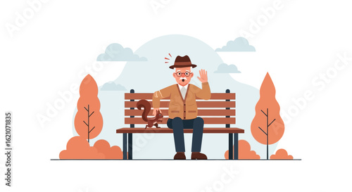 Startled senior citizen illustration with squirrel on a park bench in vector style