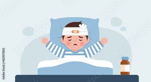 Sad Boy with Bandage Lying in Bed After an Accident