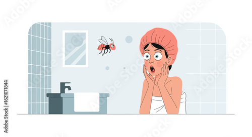 Startled Woman Encounters A Buzzing Insect While Preparing For Her Shower Time