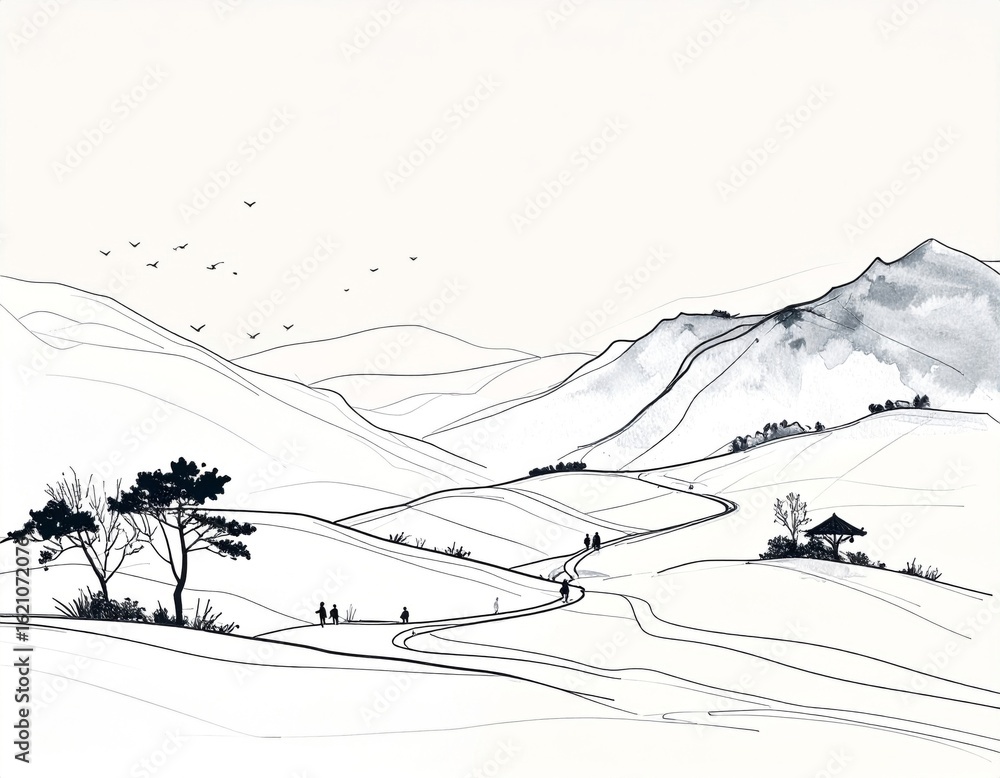 Fototapeta premium Line Art Landscape of Rolling Hills with Trees and Distant Mountains in Grey