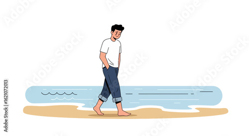 Pensive Man Strolling Barefoot Along Beach Contemplating Life's Challenges