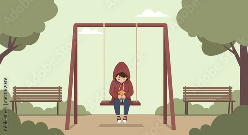 Sad child sitting alone on a swing holding a teddy bear in a park setting