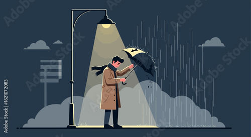 Pensive Man Under Streetlight With Umbrella Walking In The Rain At Night