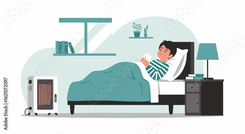 Sad Child With Flu Lying In Bed Sick In Cold Season Inside The House