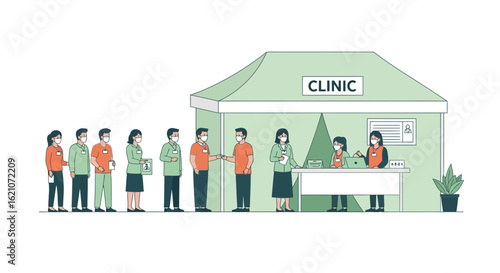 People Wearing Masks Waiting In Line At Outdoor Vaccination Clinic