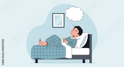 Pensive Young Man Lying In Bed Contemplating or Daydreaming About Something