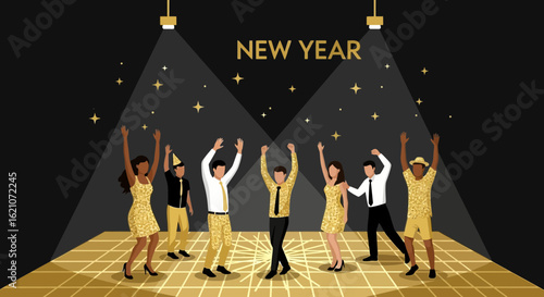 People Celebrate The New Year With Party On The Dancefloor Under Spotlights