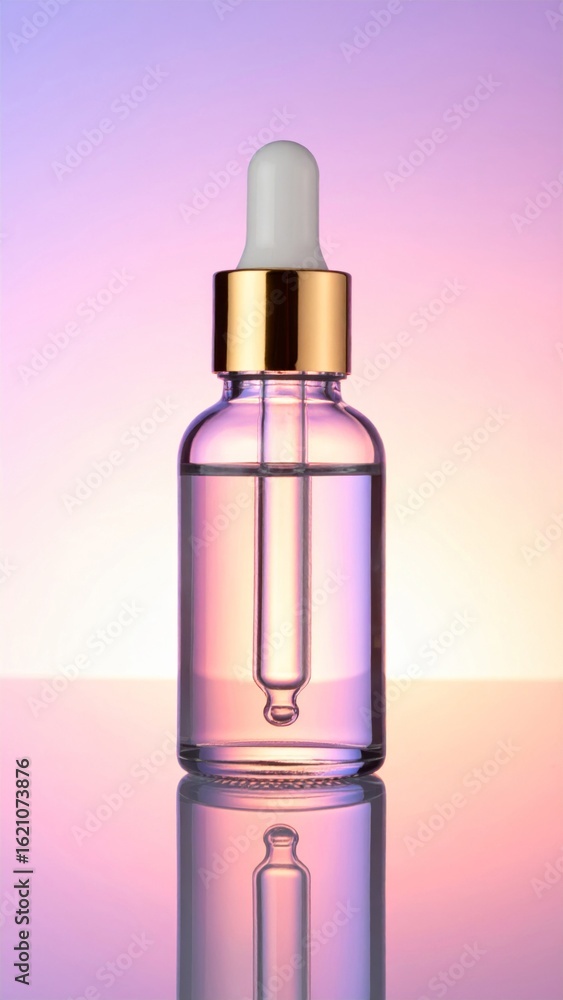 Naklejka premium Transparent Dropper Bottle with Golden Cap on Gradient Purple Background