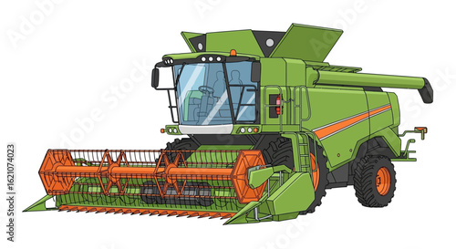 A detailed illustration of a modern green combine harvester, a powerful agricultural vehicle for crop farming and harvesting.