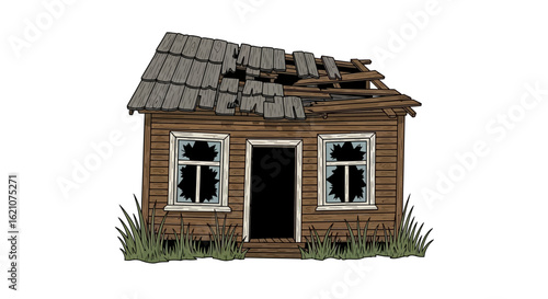 An old abandoned wooden house in a state of ruin and decay. Conceptual illustration of destruction and neglect.