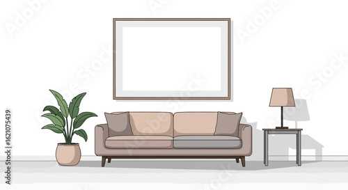 Minimalist Living Room Interior with Sofa, Plant, and Framed Artwork