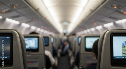 Interior view of an airplane cabin with seats and screens showing blurred images during a flight experience