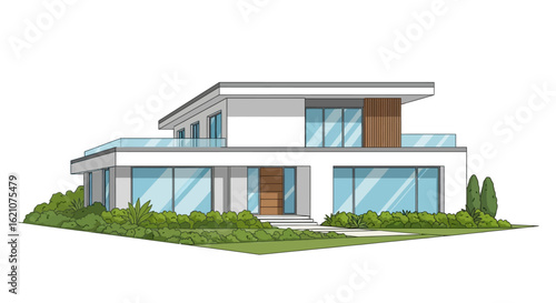 Sleek contemporary residence with expansive glass facades and well-maintained green landscaping, showcasing modern architectural design and luxurious living.