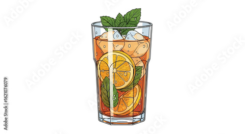 A tall glass of refreshing iced tea with lemon slices, mint leaves, and ice cubes. Hand-drawn summer cold beverage illustration.